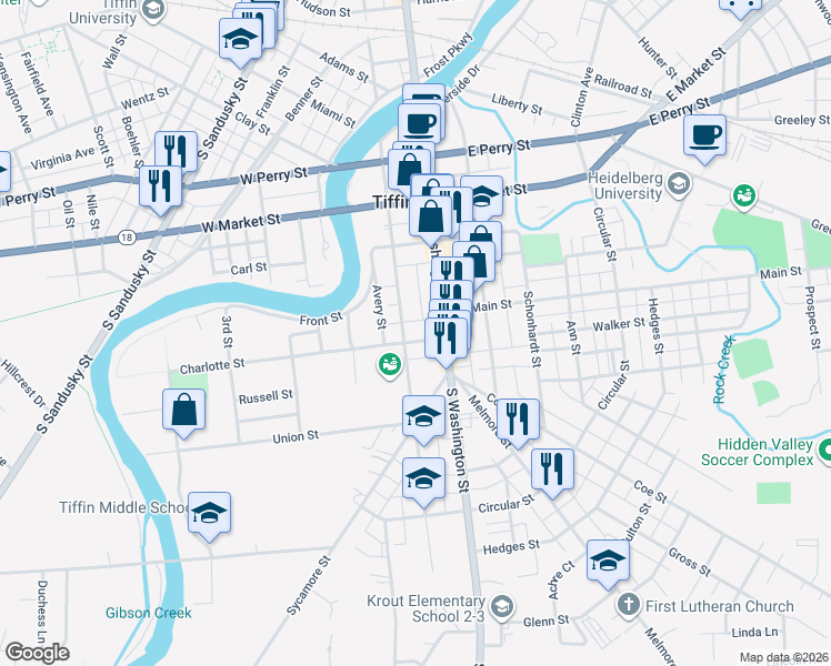 map of restaurants, bars, coffee shops, grocery stores, and more near 14-20 Charlotte St in Tiffin
