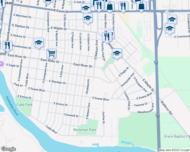 map of restaurants, bars, coffee shops, grocery stores, and more near 1604 East Eagle Street in Kankakee