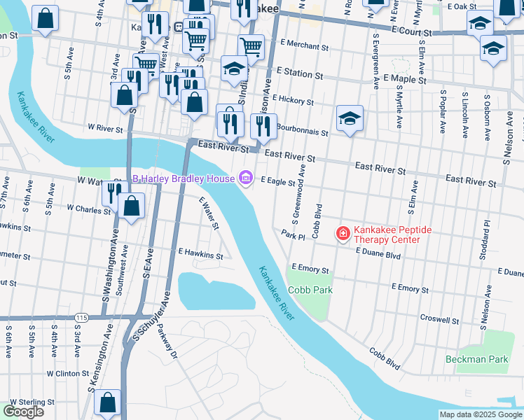 map of restaurants, bars, coffee shops, grocery stores, and more near 825 South Chicago Avenue in Kankakee