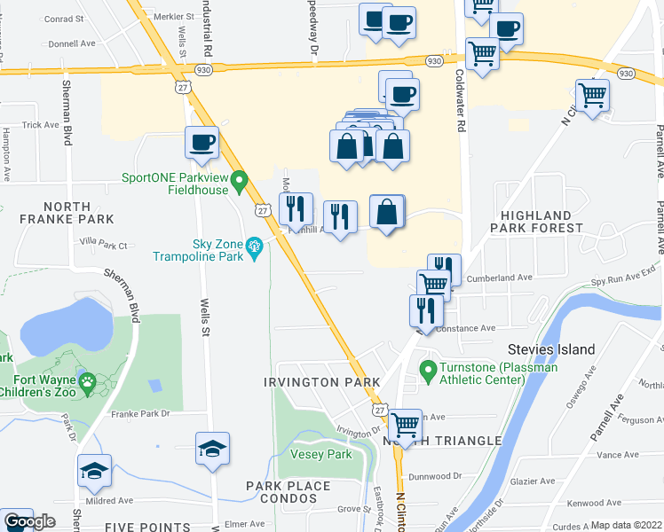map of restaurants, bars, coffee shops, grocery stores, and more near 145 Cumberland Ave in Fort Wayne