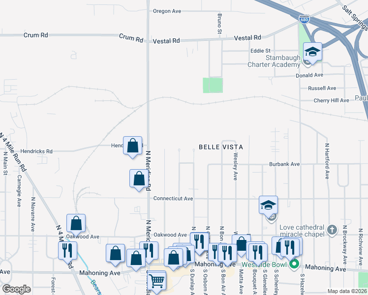 map of restaurants, bars, coffee shops, grocery stores, and more near 552 North Dunlap Avenue in Youngstown