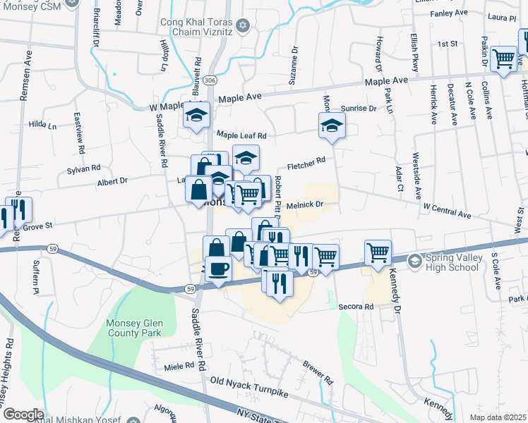 map of restaurants, bars, coffee shops, grocery stores, and more near 49 Robert Pitt Drive in Monsey