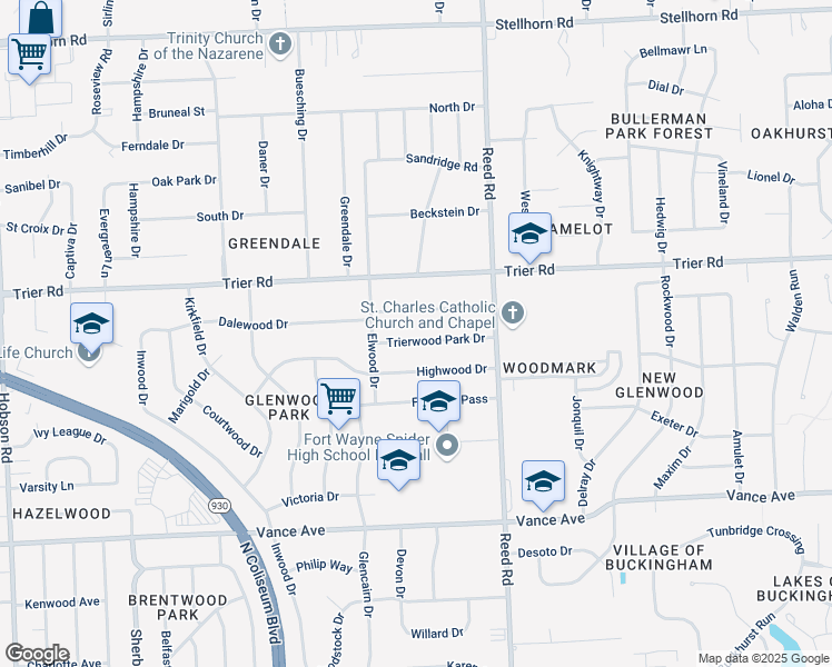 map of restaurants, bars, coffee shops, grocery stores, and more near 4533 Trierwood Park Drive in Fort Wayne