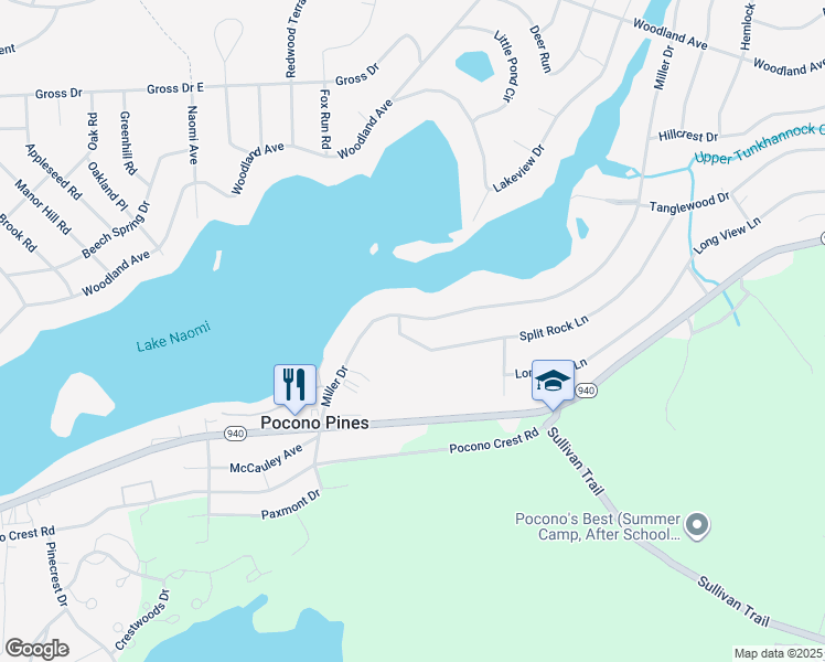 map of restaurants, bars, coffee shops, grocery stores, and more near 174 Miller Drive in Pocono Pines