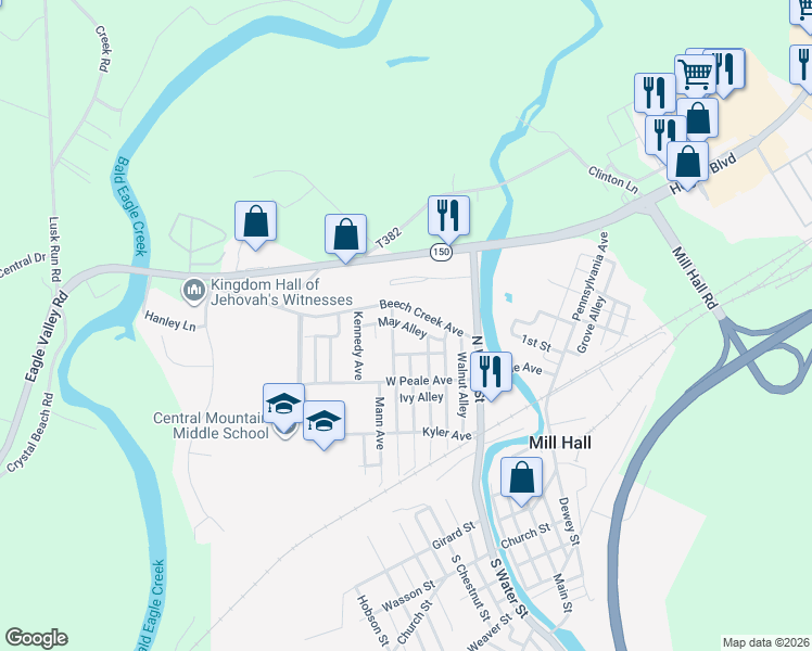map of restaurants, bars, coffee shops, grocery stores, and more near May Alley in Mill Hall
