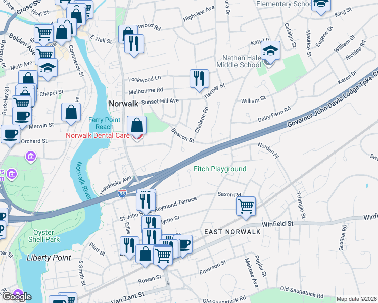 map of restaurants, bars, coffee shops, grocery stores, and more near 11 Armstrong Court in Norwalk
