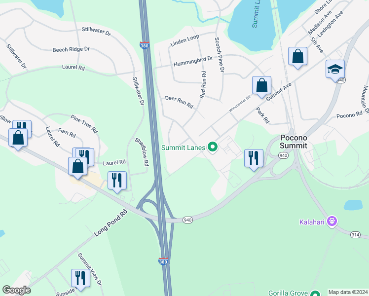 map of restaurants, bars, coffee shops, grocery stores, and more near 604 Wintergreen Lane in Pocono Summit