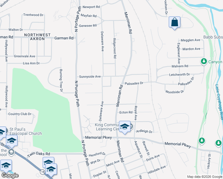 map of restaurants, bars, coffee shops, grocery stores, and more near 676 Merriman Road in Akron