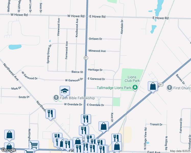 map of restaurants, bars, coffee shops, grocery stores, and more near 26 East Garwood Drive in Tallmadge