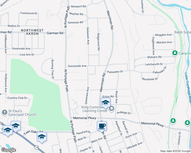 map of restaurants, bars, coffee shops, grocery stores, and more near 676 Merriman Road in Akron