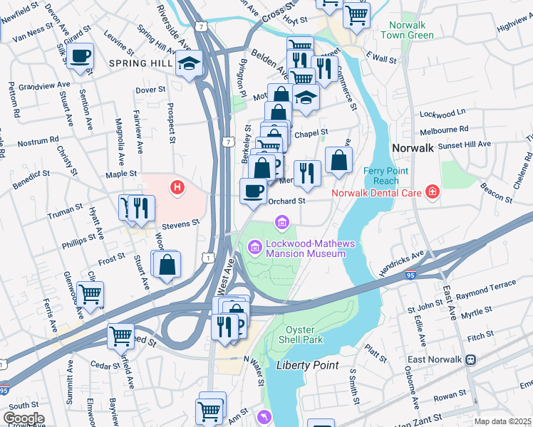 map of restaurants, bars, coffee shops, grocery stores, and more near in Norwalk