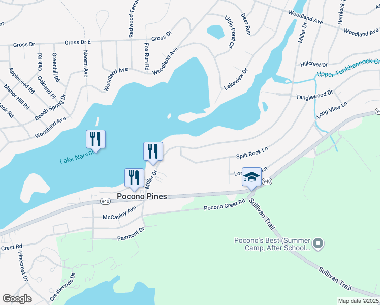 map of restaurants, bars, coffee shops, grocery stores, and more near 174 Miller Drive in Pocono Pines