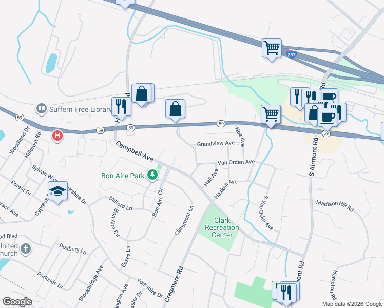 map of restaurants, bars, coffee shops, grocery stores, and more near 8 Myrtle Avenue in Suffern