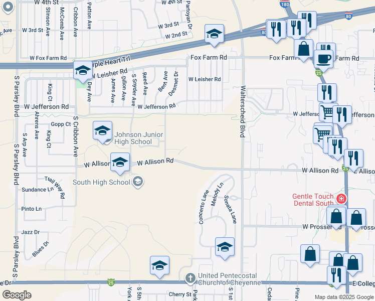 map of restaurants, bars, coffee shops, grocery stores, and more near 1005 Mandolin Way in Cheyenne