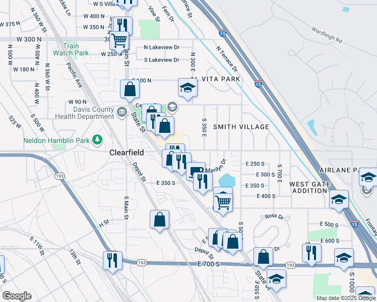 map of restaurants, bars, coffee shops, grocery stores, and more near 254 East 200 South in Clearfield