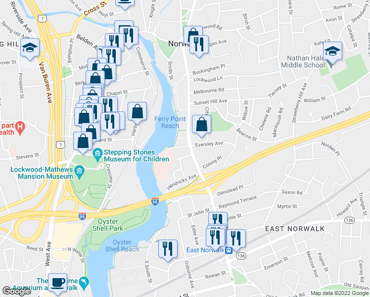 map of restaurants, bars, coffee shops, grocery stores, and more near 5 Sherry Street in Norwalk