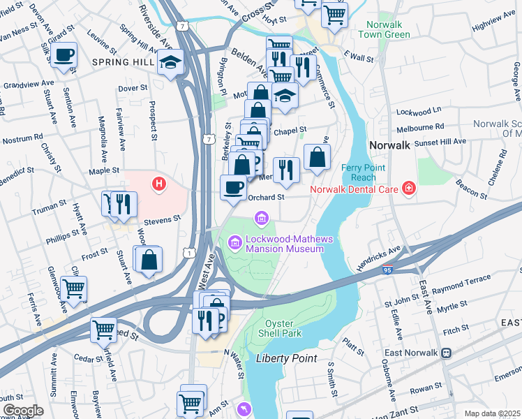 map of restaurants, bars, coffee shops, grocery stores, and more near in Norwalk