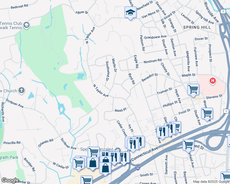 map of restaurants, bars, coffee shops, grocery stores, and more near 92 North Taylor Avenue in Norwalk
