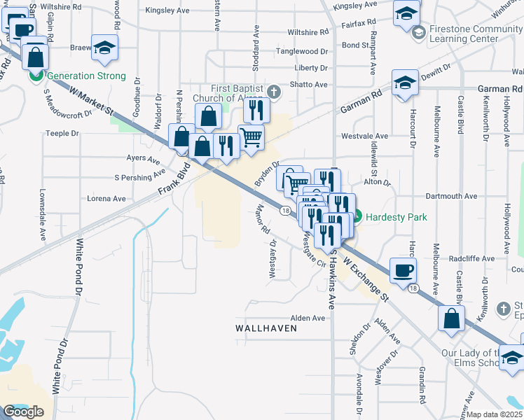 map of restaurants, bars, coffee shops, grocery stores, and more near 41 Manor Road in Akron