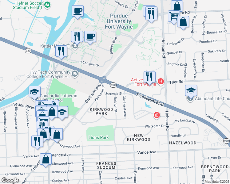 map of restaurants, bars, coffee shops, grocery stores, and more near 2524 Merivale St in Fort Wayne