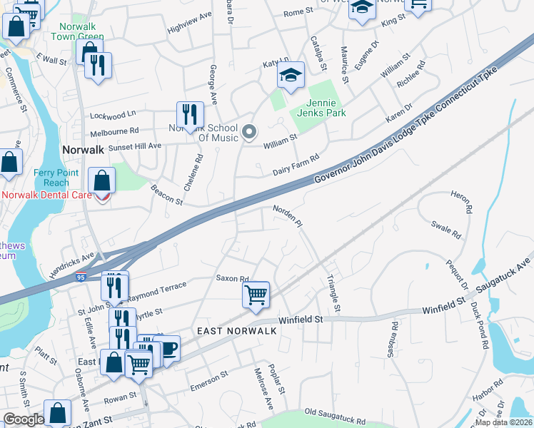 map of restaurants, bars, coffee shops, grocery stores, and more near 2 Greenfield Road in Norwalk