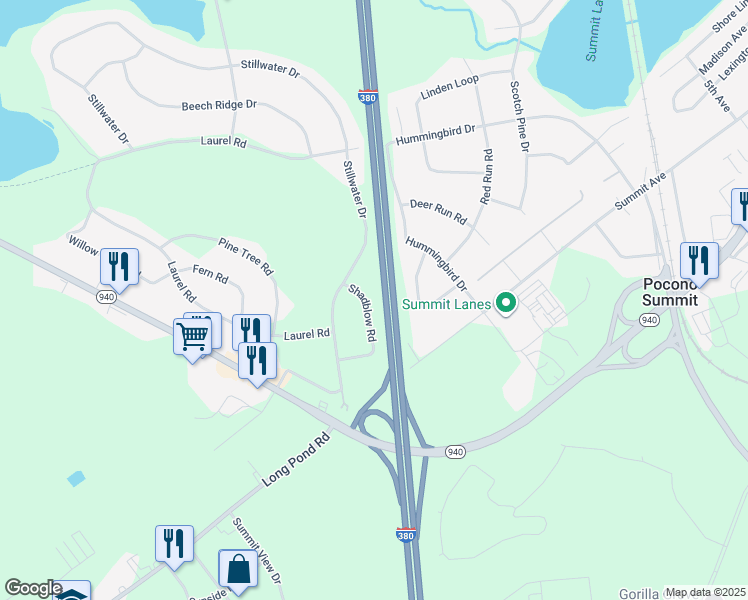 map of restaurants, bars, coffee shops, grocery stores, and more near 415-425 Shadblow Road in Pocono Summit