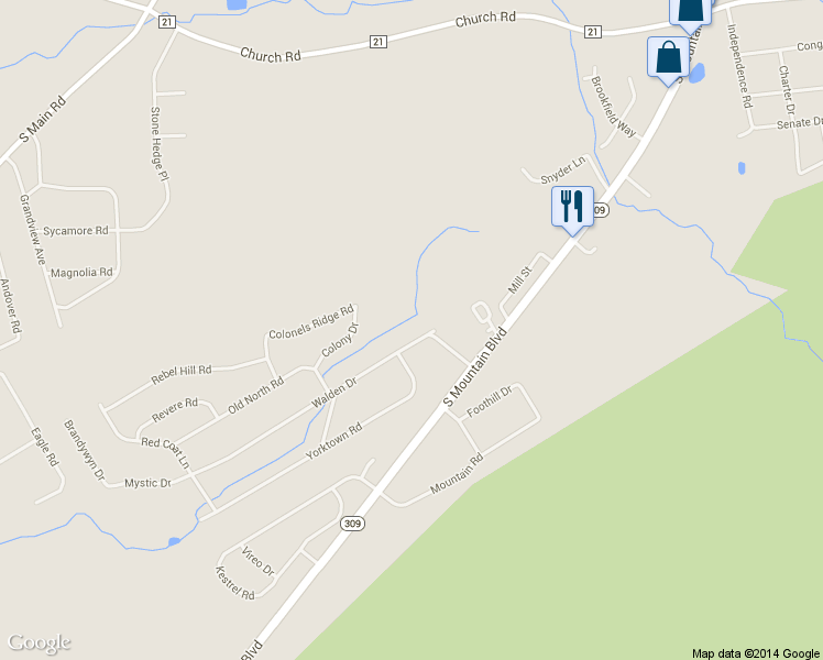 map of restaurants, bars, coffee shops, grocery stores, and more near 13 Walden Drive in Mountain Top