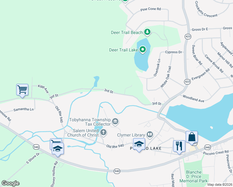 map of restaurants, bars, coffee shops, grocery stores, and more near 3rd Street in Pocono Pines