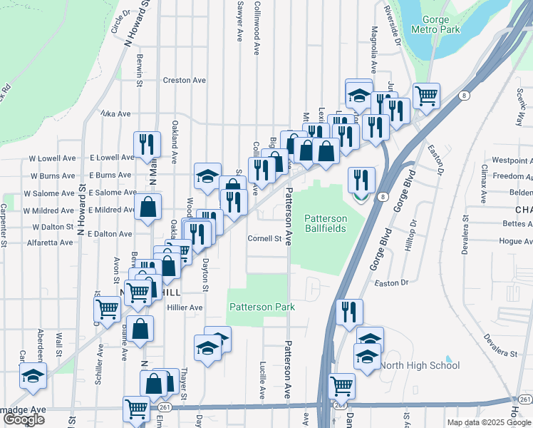 map of restaurants, bars, coffee shops, grocery stores, and more near 306 Boyle Street in Akron