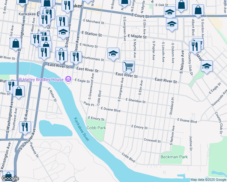 map of restaurants, bars, coffee shops, grocery stores, and more near 750 South Wildwood Avenue in Kankakee