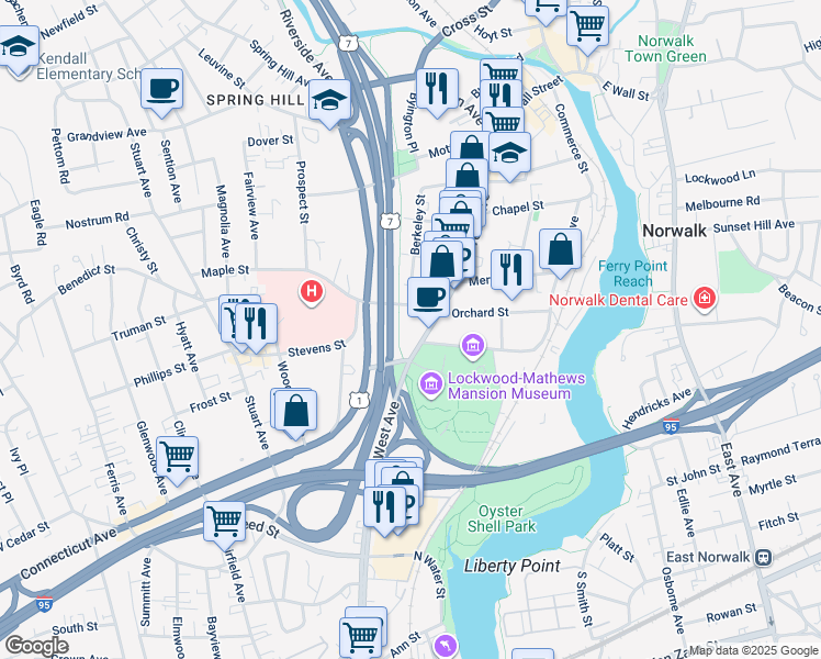 map of restaurants, bars, coffee shops, grocery stores, and more near 331 West Avenue in Norwalk