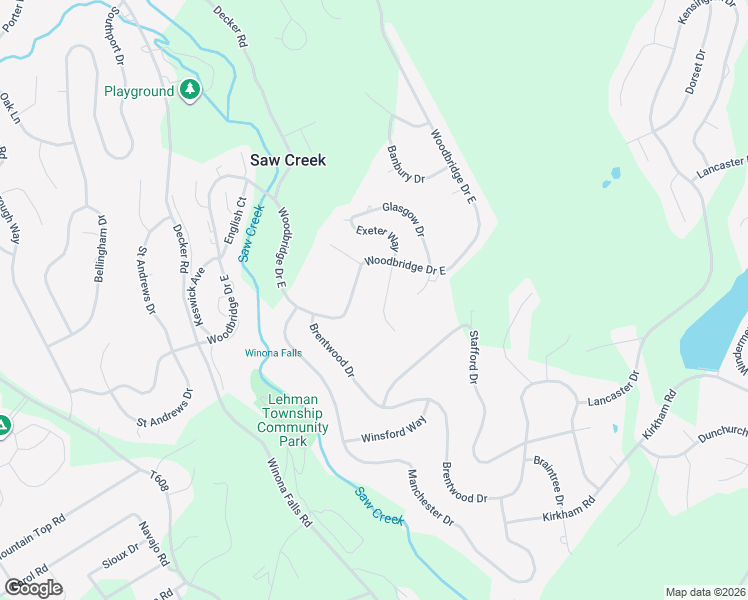 map of restaurants, bars, coffee shops, grocery stores, and more near Woodbridge Drive in Bushkill