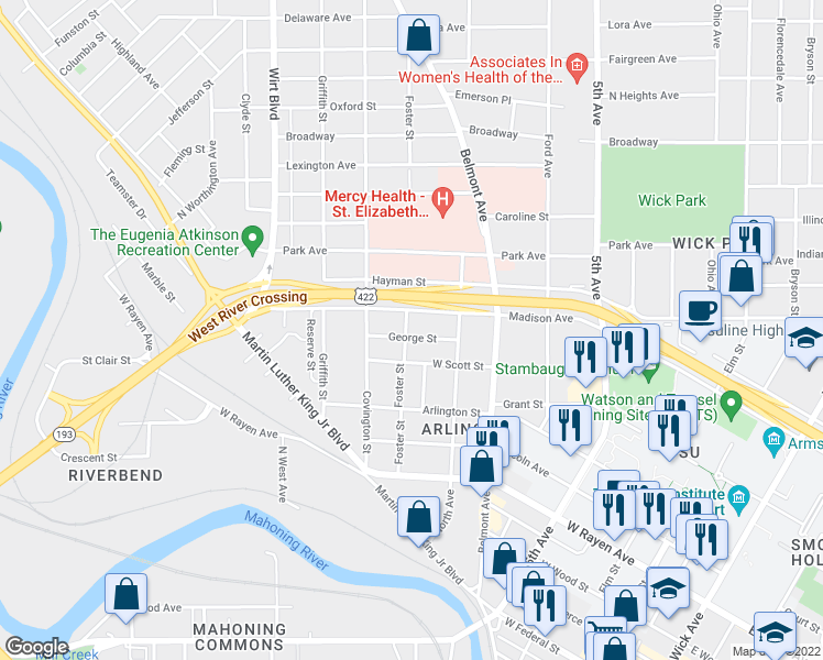 map of restaurants, bars, coffee shops, grocery stores, and more near 544 George Street in Youngstown
