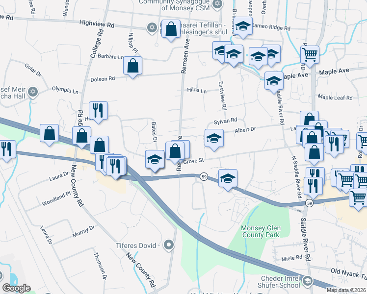 map of restaurants, bars, coffee shops, grocery stores, and more near 12 Remsen Avenue in Monsey