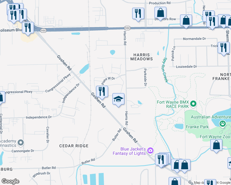map of restaurants, bars, coffee shops, grocery stores, and more near 2307 Point West Drive in Fort Wayne