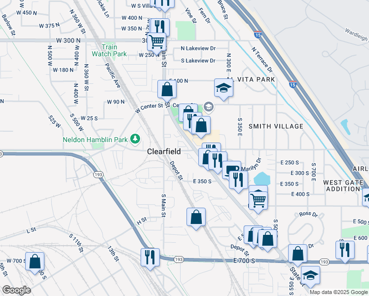 map of restaurants, bars, coffee shops, grocery stores, and more near 88 East 200 South in Clearfield