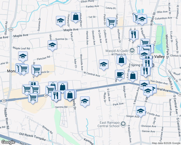 map of restaurants, bars, coffee shops, grocery stores, and more near 485 West Central Avenue in Spring Valley