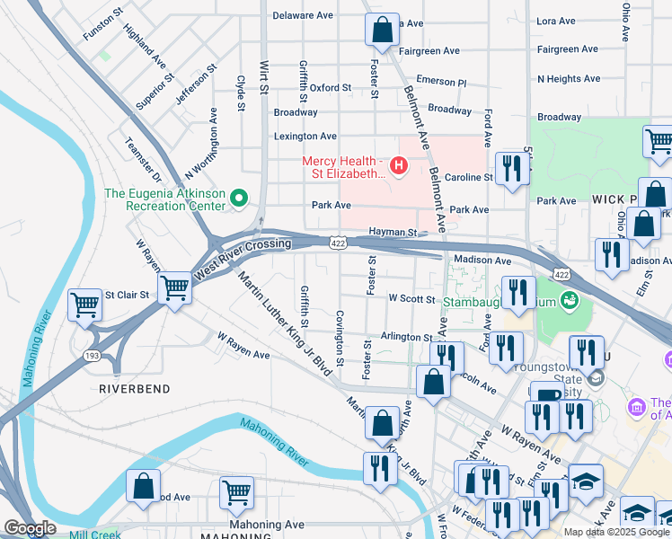map of restaurants, bars, coffee shops, grocery stores, and more near 614 Covington Street in Youngstown