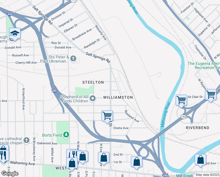 map of restaurants, bars, coffee shops, grocery stores, and more near 1615 Butler Avenue in Youngstown