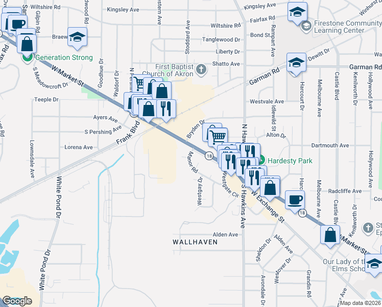 map of restaurants, bars, coffee shops, grocery stores, and more near 1730 Shatto Avenue in Akron