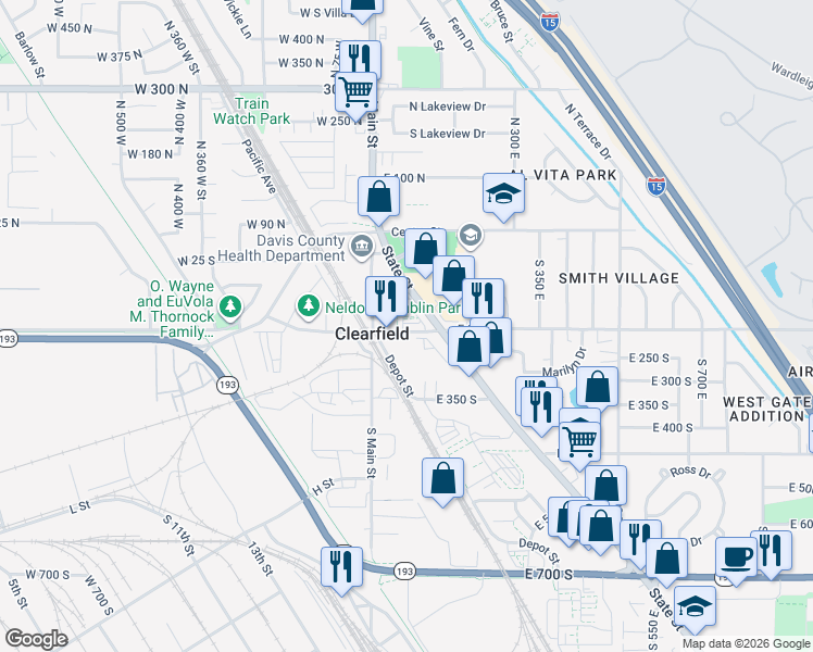 map of restaurants, bars, coffee shops, grocery stores, and more near 66 East 200 South in Clearfield