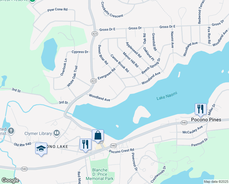 map of restaurants, bars, coffee shops, grocery stores, and more near Owaissa Court in Pocono Pines