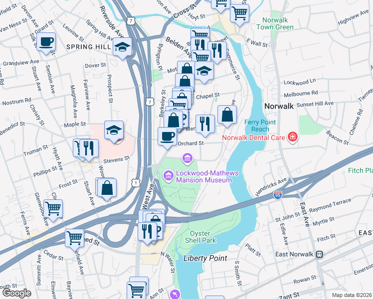 map of restaurants, bars, coffee shops, grocery stores, and more near in Norwalk