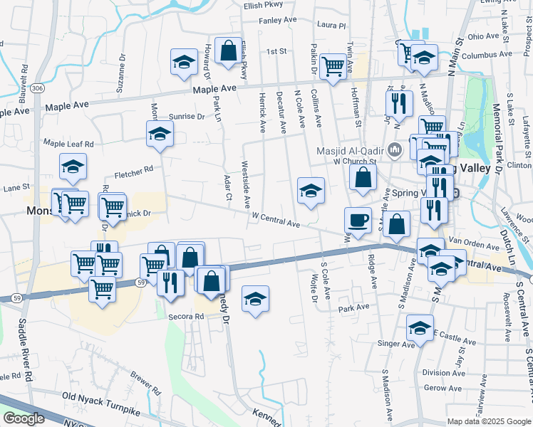 map of restaurants, bars, coffee shops, grocery stores, and more near 485 West Central Avenue in Spring Valley