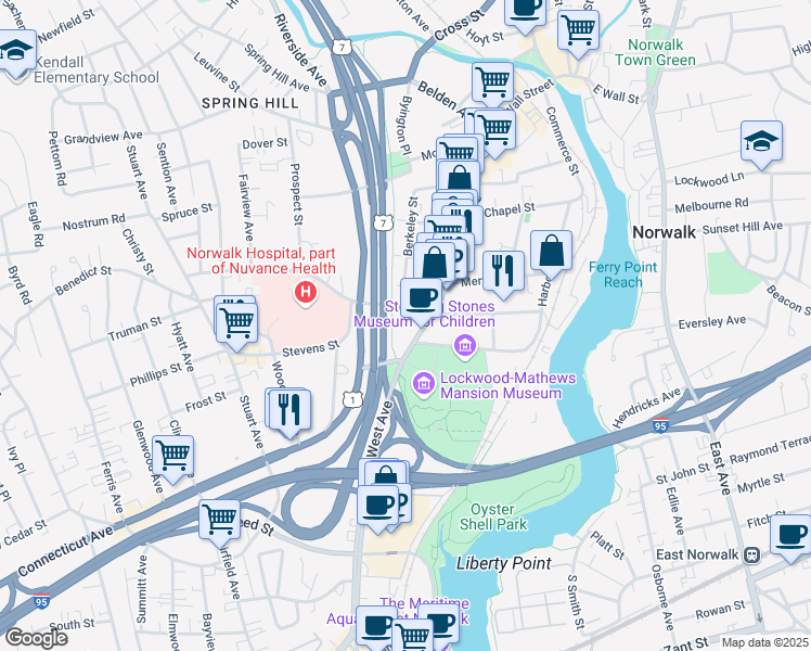 map of restaurants, bars, coffee shops, grocery stores, and more near 370 West Avenue in Norwalk