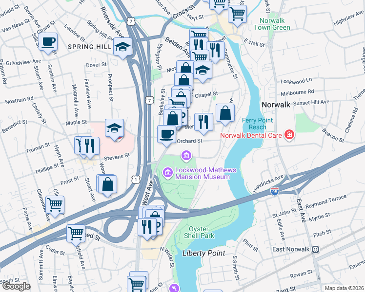 map of restaurants, bars, coffee shops, grocery stores, and more near in Norwalk