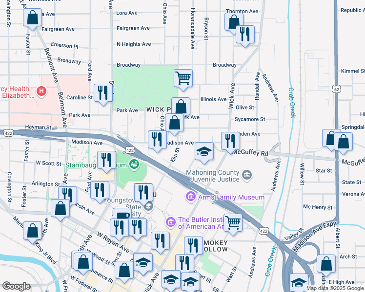 map of restaurants, bars, coffee shops, grocery stores, and more near 758 Bryson Street in Youngstown