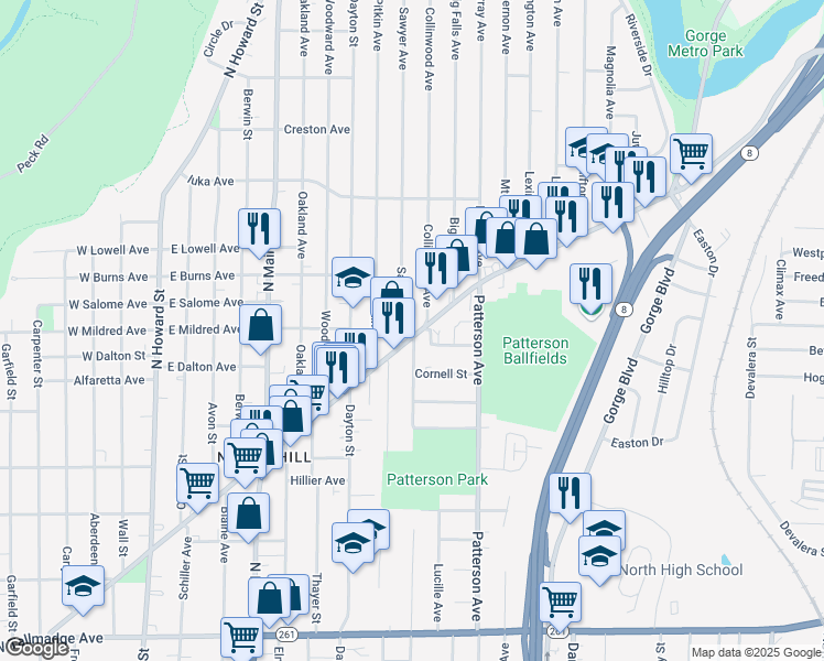 map of restaurants, bars, coffee shops, grocery stores, and more near 341 East Cuyahoga Falls Avenue in Akron