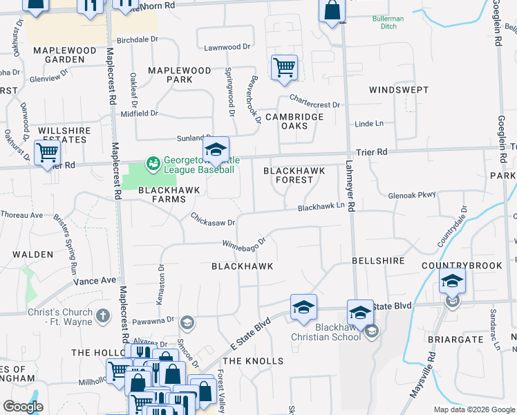 map of restaurants, bars, coffee shops, grocery stores, and more near 7016 Blackhawk Lane in Fort Wayne