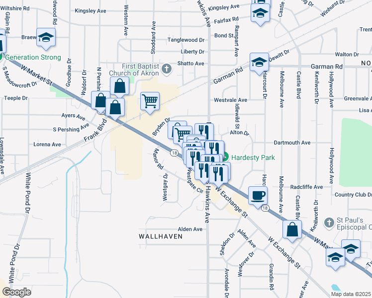 map of restaurants, bars, coffee shops, grocery stores, and more near 1714-1732 W Market St in Akron